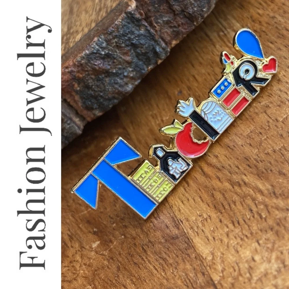 Vintage Colorful Enamel Teacher Gold Tone Lapel Pin Brooch Teacher Gift